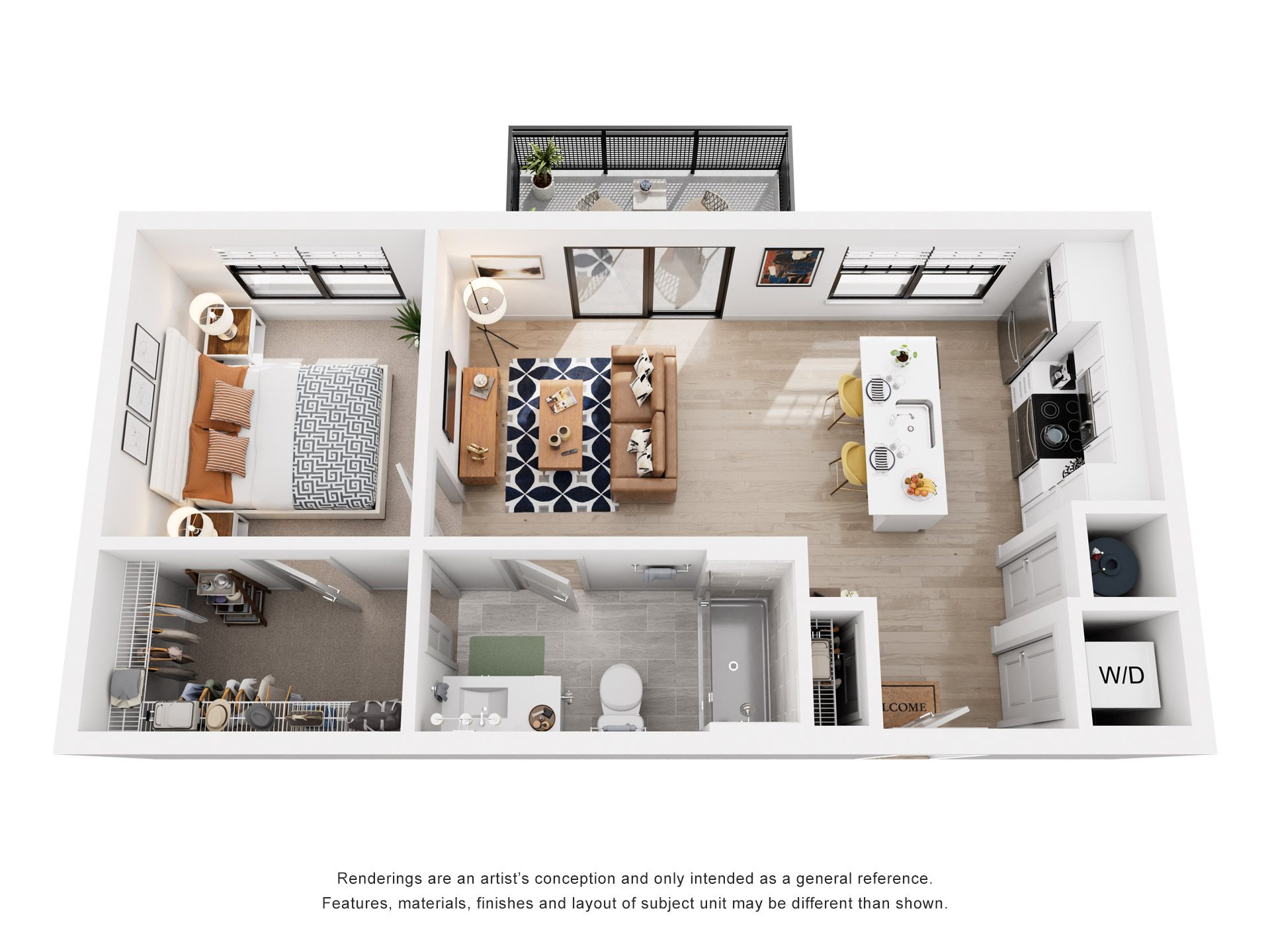 Floor plan for 1 bed, 1 bath, 714 sqft